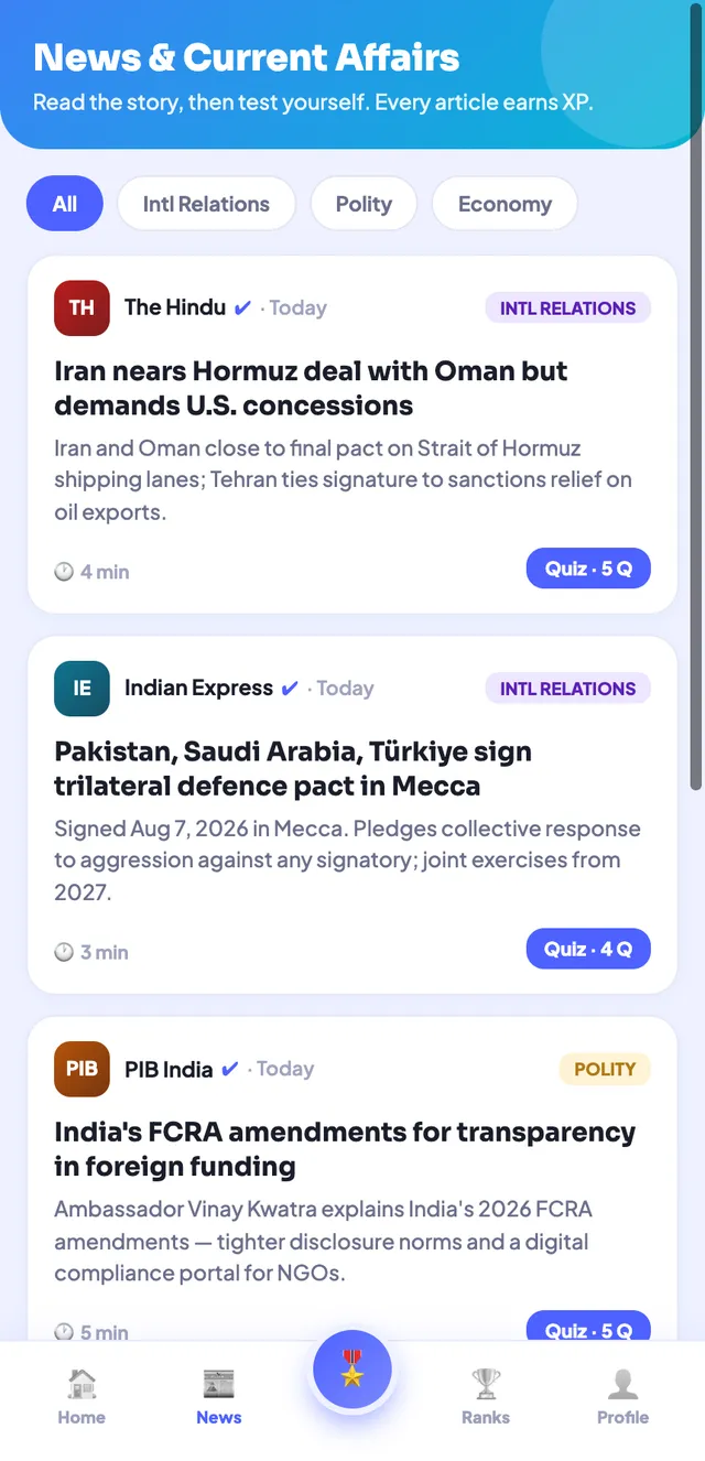 Improvam news screen — curated current affairs with exam-relevance tags and quizzes