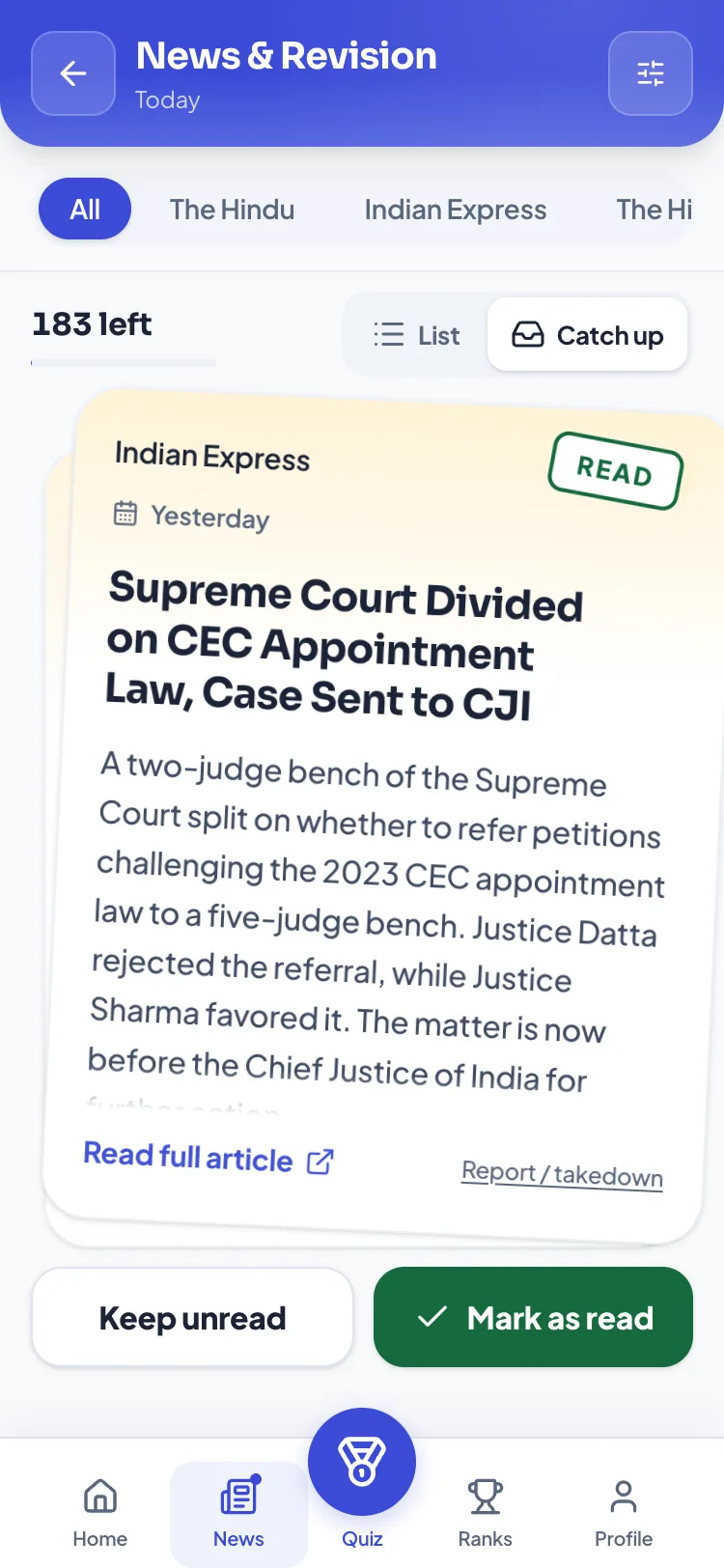 Improvam news story card swiped to the right with a green Read stamp, above Keep unread and Mark as read buttons